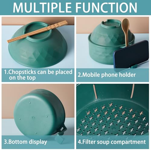 1 Set Microwave Ramen Cooker Bowl with Utensils, Dark Green - color: Dark Green