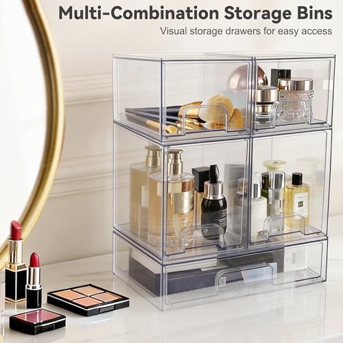Hvygss Clear Stackable Storage Drawers, Countertop Bottle Organizer 5-Pack