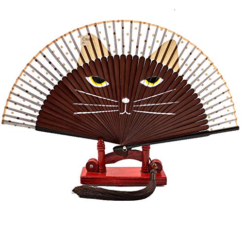 Cute Coffee Cat Face Folding Handheld fans for Women with Fabric Sleeve & Tassel, Handcrafted Decorative Bamboo Accessory, Japanese Style Portable Cooling Tool for Girls & Gifts, Opened 8.27x15 - color: Coffee Cat