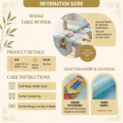 Korean Table Runner, 100% Ramie Bojagi Patchwork, Sky Blue, 79 x 12 Inch - color: Sky Blue