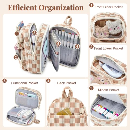 Cute Pencil Case, Soft Corduroy Pencil Pouch, Large Capacity Pencil Bag, Mini Backpack Aesthetic Pen Organizer for Stationery for Students Teen Girls Women, Khaki Checkered - color: Khaki Checkered