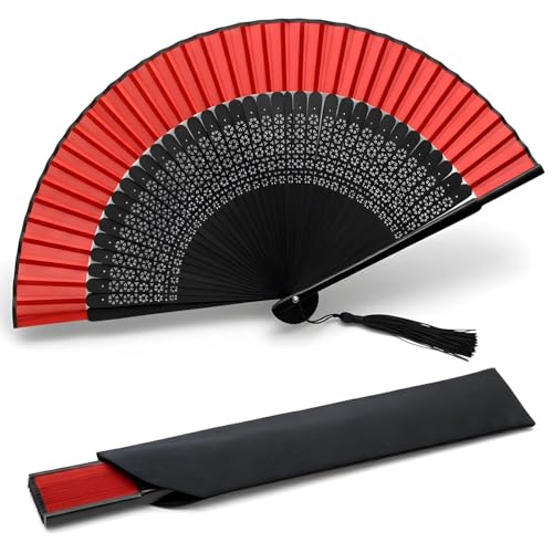 Lysa Hand Fan for Women Foldable - Portable Folding Japanese Chinese Fan - for Hot Flashes, Summer Cooling, Festivals, Church, Dancing (Black Red) - color: Black Red