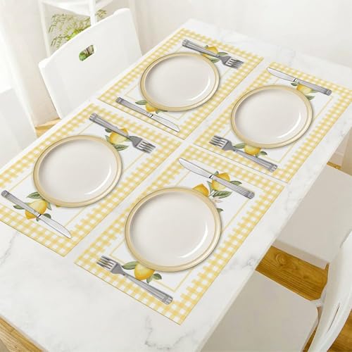 Yellow Lemon Buffalo Plaid Floral Placemats Set of 4, 12x18 Inch - color: Lemon05, size: 4pcs