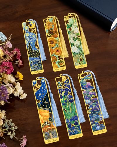 6 Pieces Metal Bookmarks with Tassel, Golden Hollow Bookmark Oil Painting Van Gogh Monet Theme Book Mark Bookmarks for Book Lovers Writers Readers Children Teens Men Women Adults - style: Paintings-6pcs