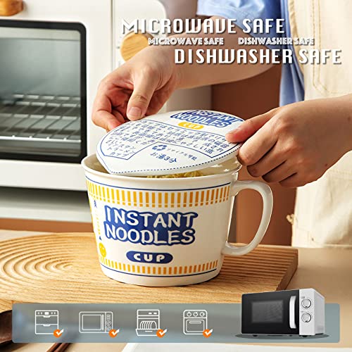 34 OZ Ceramic Ramen Bowl with Lid Instant Ramen Noodle Bowl Large Soup Bowl with Handle, Ramen Lovers Gift, Blue - color: Blue
