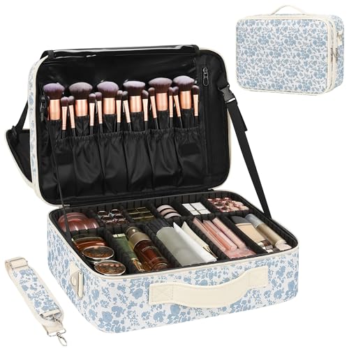 Relavel Makeup Case Large Makeup Bag Professional Train Case Travel Cosmetic Organizer Brush Holder Waterproof Makeup Artist Storage Box, 3 Layer Large Capacity, with Adjustable Strap, Floral Print - color: Floral Print, size: Large