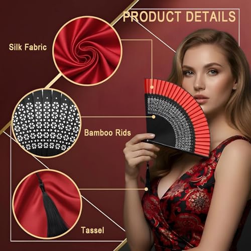 Lysa Hand Fan for Women Foldable - Portable Folding Japanese Chinese Fan - for Hot Flashes, Summer Cooling, Festivals, Church, Dancing (Black Red) - color: Black Red