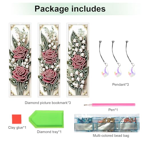 Tontut 3pcs Diamond Art Painting Kit Bookmarks, Brilliant Red Roses Exquisite General DIY Bookmarks, Lightweight and Durable, Suitable for Reading Lovers - color: Red Roses