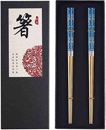 Metal Chopsticks Titanium Plated Stainless Steel Chopsticks Reusable Dishwasher safe Japanese Korean Chopstick lightweight Laser Engraved Anti-slip Chop sticks for Eating 2 Pairs Gift Set Blue Gold - color: Blue gold