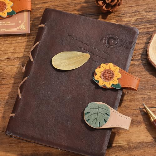2PCS Vintage Magnetic Leather Bookmark, Leather Magnetic Bookmarks for Women, Magnetic PU Bookmarks Clip Book Accessories - style: Sunflower&Leaf