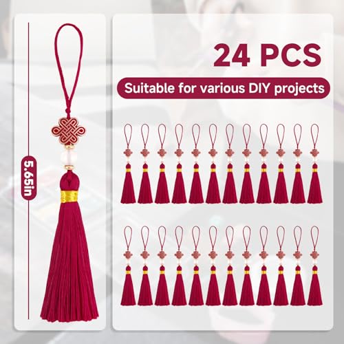 24PCS Chinese Knot Tassel Pendant for Phone Case, Mini Tassels, Wine Red - color: Wine Red 24 Pcs