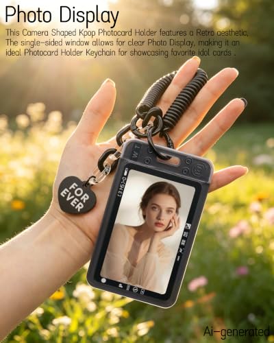 Camera Shaped Kpop Photocard Holder with Spiral Coil Keychain (Black) - color: Black