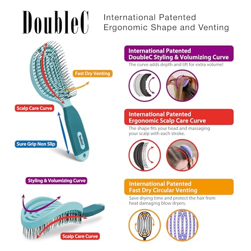 NuWay® DoubleC® Scalp Care Hair Brush – Patented Double Curve Design for Scalp Massage, Vented Blow-Dry Styling, Wet & Dry Hair, All Hair Types (Grass Green) - color: Grass Green