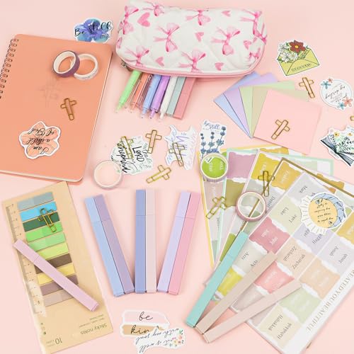 Bible Study Supplies Journaling Kit with Pen Cas, Tabs, Notebook and No Bleed Highlighter, Aesthetic Book Annotation Kit, Christian Gifts for Women Grils Friends (Pink Pow) - color: Pink Bow