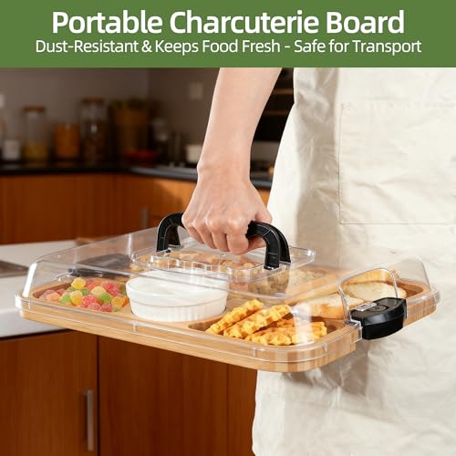 Charcuterie Board with Lid, Bamboo 6‑Compartment Portable Serving Platter - color: 6 Compartments-rectangular