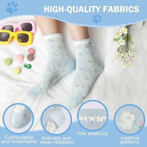 Cute Thin Crew Socks for Women Viscose Bamboo Cotton Girls Ankle Pattern Stripe Novelty Preppy Sock 5 Pairs - color: Puppy/Blue