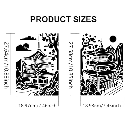 MAYJOYDIY 2pcs Japanese Zen Temple Stencil 11.7×8.3inch Large Japanese Style Temples Stencil with Paint Brush Sacred Pagoda Drawing Template for Wood Walls Canvas Furniture Crafts - color: Japanese Zen Temple