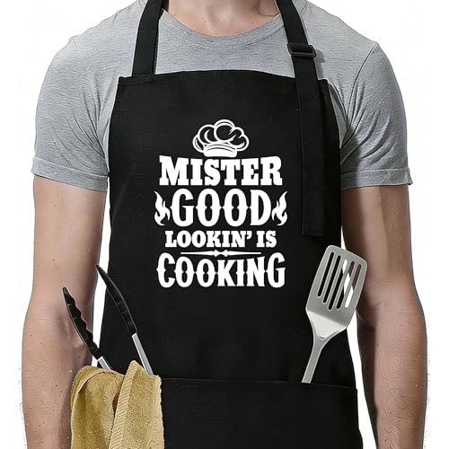 Funny Apron for Men Women,Humorous Kitchen Apron- Grilling Cooking BBQ Accessories, Gift for Dad Husband - color: Mister Good Lookin' is Cooking