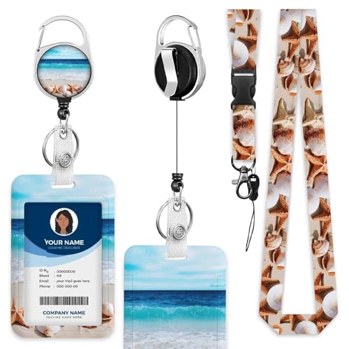 Beach ID Badge Holder Shells Sand Sea Badge Holder with Lanyard for Student Nurse Worker - color: Beach