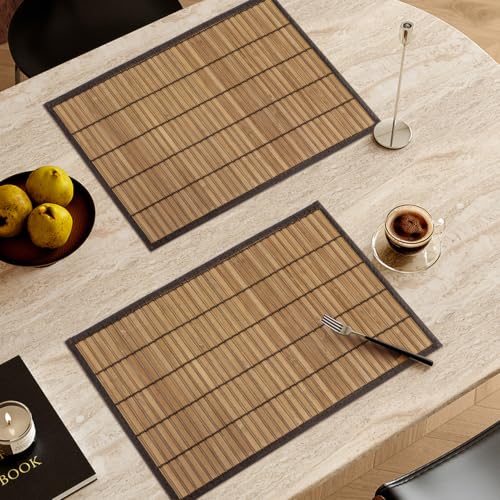 Bamboo Placemats Set of 6 with Fabric Border, Table Mats, Brown - color: Brown, size: Set of 6