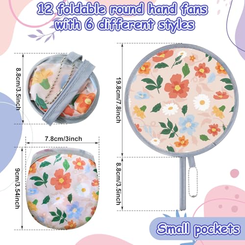 Suzile 12 Pieces Colorful Floral Round Fans Handheld Compact Cooling Fan Disc Portable Hand Folding for Outdoor Games Wedding Party Decorations Summer Outdoor Activity, 6 Patterns(Flower)