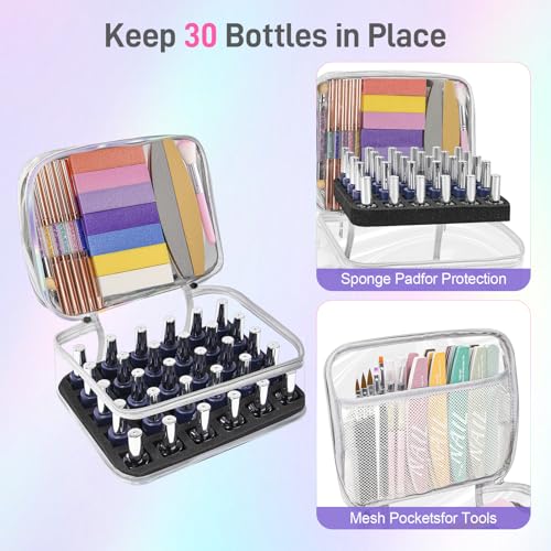 Beloving Nail Polish Organizer, Clear Double Tier Nail Storage Organizer Case Holds 30 Bottles, Portable PVC Nail Tech Bag with Dividers, Nail Polish Supplies Travel Case for Display - color: 7.lridescent