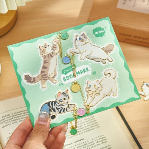 4 Pcs Cute Metal Cat Bookmarks with Chain Yarn Ball Charms for Book Lovers - color: Cat
