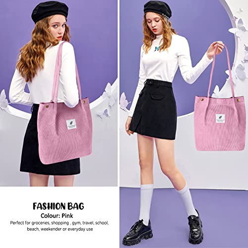 Ayieyill Corduroy Tote Bag for Women Canvas Shoulder Cord Purse with Inner Pocket - color: Pink