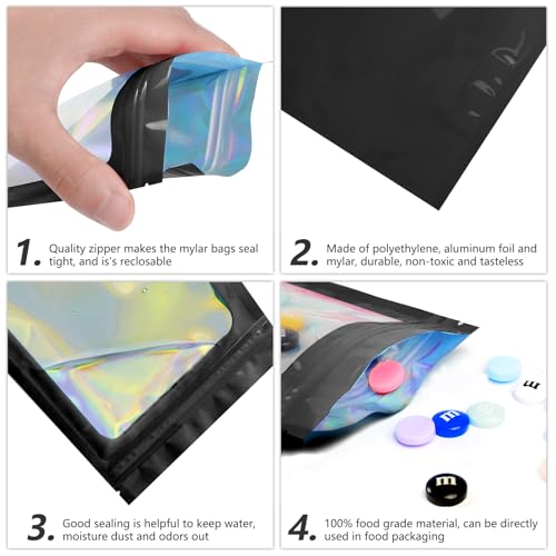 Funfery 100 pcs Black Smell Proof Mylar Holographic Bags Packaging Bags,Clear Resealable Odor Proof Bag Foil Pouch Zipper Bag for Food Storage,Gloss,Jewelry,Lash Packing for Small Busines(3.1x5.1In) - color: Black, size: 3.1 x 5.1 Inch
