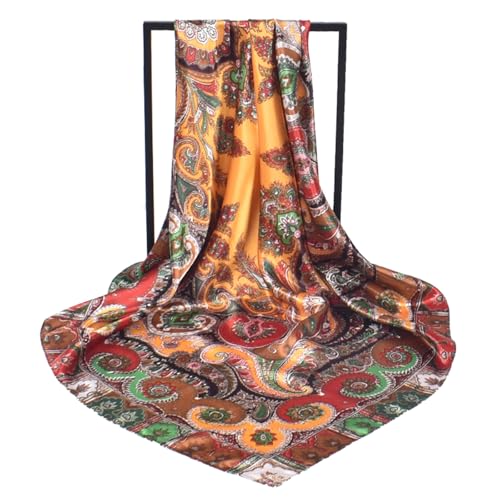 35 Inches Silk Head Scarf-Satin Hair Scarves Silk Bandana Scarf Headscarf for Women's Fashion Scarves - color: Cashews With Buddha-yellow