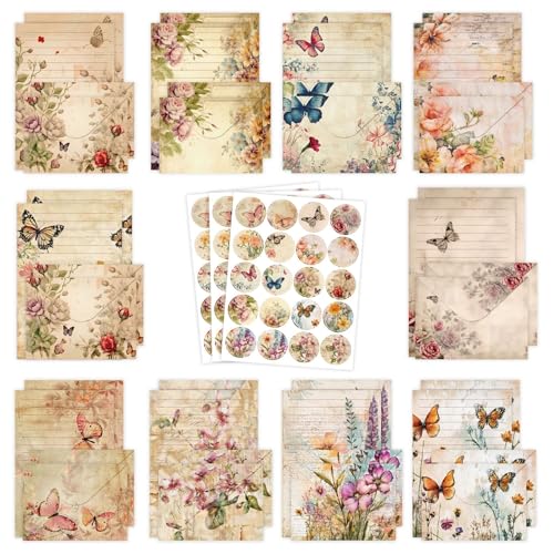 160 Pcs Stationery Set with Envelopes, 50 A5 Sheets of Stationery (10 Designs) with 50 Envelopes and 60 Stickers, Letter Writing Stationery for Home, Office, School, Set C - color: Vintage plant stationery