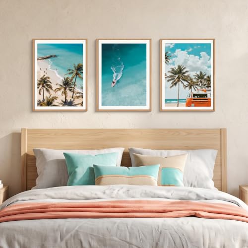 LHIUEM Nature Surfboard Beach Framed Canvas Wall Art,Summer Ocean Surfing Wall Decor,Palm Trees Wall Painting,Modern Picture Artwork for Living Room,Bedroom,Dining Room,Office -12"x16"x3 - color: Beach Surfing Wall Art, size: 12''x16''x3