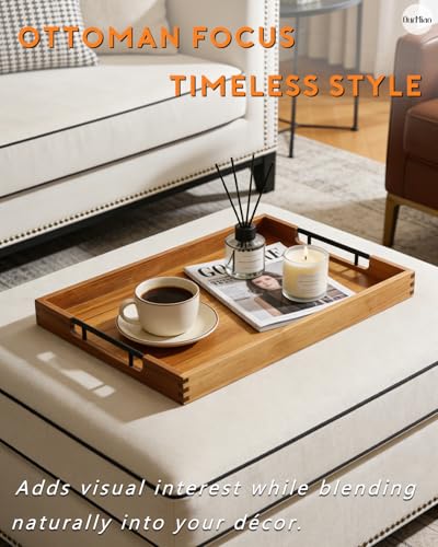 22" x 15.75" Wooden Serving Tray with Handles, Acacia Ottoman Tray - color: Acacia
