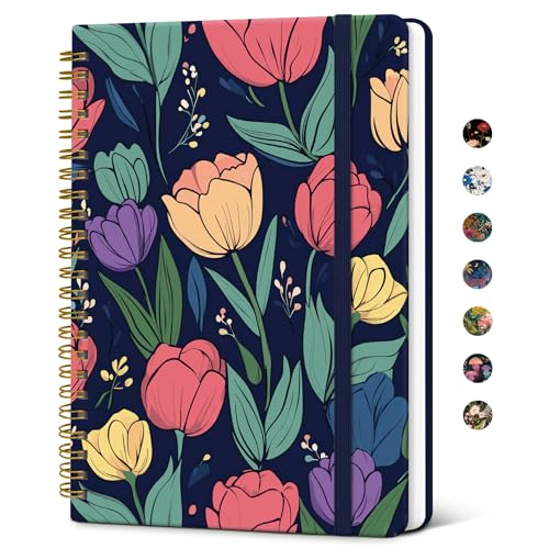 Taja Spiral Lined Journal for Women, Pretty Hardcover Journal Notebook, A5 - color: V-Colorful Tulips