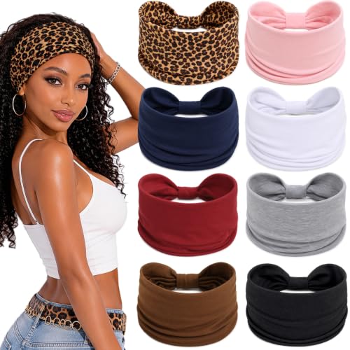 Awumbuk Wide Headbands for Women Knotted Non Slip, Soft Moisture Wicking Head Bands for Workout Sports Yoga 8 Pack - color: Leopard print pink