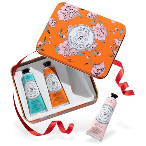 La Chatelaine Hand Cream Trio Tin, Gifts for Mom, Natural Hand Lotion Gift Set, Made in France 20% Organic Shea Butter (Gardenia, Cinnamon Orange, Passion Fruit or Orange, Oud Rose) 3 x 1 fl. oz - style: Orange Trio