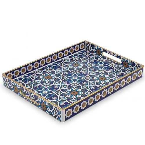 AGIOTA Coffee Table Trays for Living Room Serving Tray with Handles, Modern Large Tray for Ottoman Coffee Table - color: Indigo Naturalis