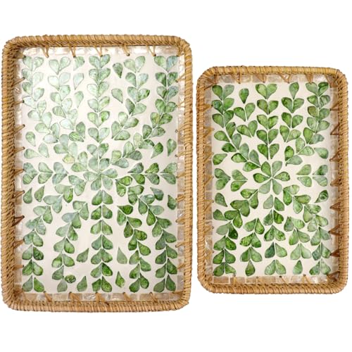 2 Pcs Rectangle Handwoven Rattan Mother of Pearl Inlay Wicker Serving Tray - color: Leaf Spring