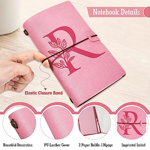 Personalized Journal Gift-Pink Initial Leather Journal+Heart Diamond Pen Set,Travel Notebook Diary Gifts,Refillable Notepads,Christmas,Birthday Gifts for Women Girls (7.9"x4.7") (R) - style: R