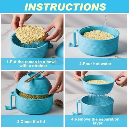 1 Set Microwave Ramen Cooker Bowl with Utensils, Sky Blue - color: Sky Blue