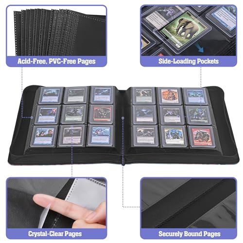 Top Loader Binder, Holds 360 Top Loaders, 9 Pocket Side-Loading Binder with Full-Zip Closure for Standard 3" x 4" Toploaders, Acid-Free PVC-Free Pages, Purple Coral Axolotl - color: Purple Coral Axolotl