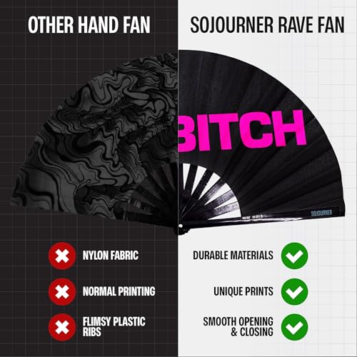 SoJourner Bags Bye B*tch Rave Fan - Large Folding Clack Fan for Men and Women - Rave Accessories for EDM, Line Dancing, Cosplay, Concerts and More - color: Bye B***