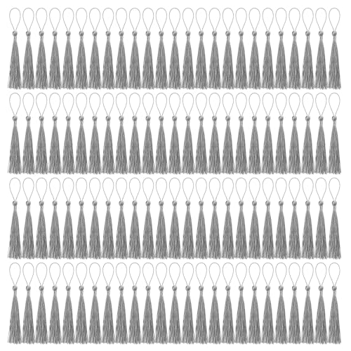 100 Pcs Bookmark Tassels Bulk Silver Gray Soft Craft Silky Handmade Mini Tassels for Jewelry Making with Loops for DIY Craft Accessory Dress Decoration - color: Silver Gray