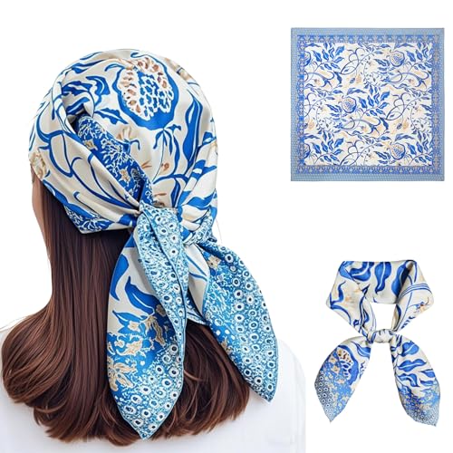 Seawhisper Premium Printed Satin Silk-Like Neck Scarf for Women Square 26" - color: Blue