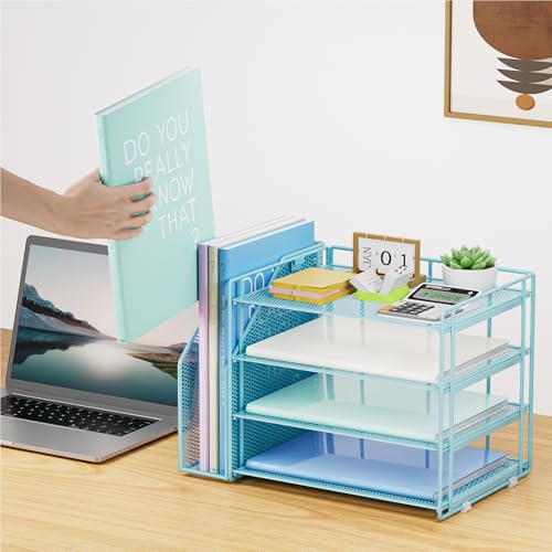 Marbrasse 4-Tier Paper Tray Organizer with File Holder, Blue - color: Blue