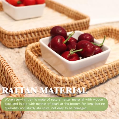 Rectangle Rattan Tray with Mother of Pearl Inlay, Handmade Wicker Fruit/Bread/Coffee Serving Basket for Party Picnic Table Kitchen Home Boho Decor 3 Sizes (White Flower) - color: White Flower