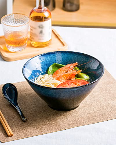 Large Ramen Bowls Set of 2, 71 oz Ceramic Noodle Bowls, Spoon & Chopsticks - color: Reactive Blue, size: 71 Oz