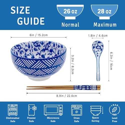 28Oz Ceramic Ramen Noodle Pho Bowl Set with Chopstick&Spoon&Gift box - size: 6in Floral Striped Pattern