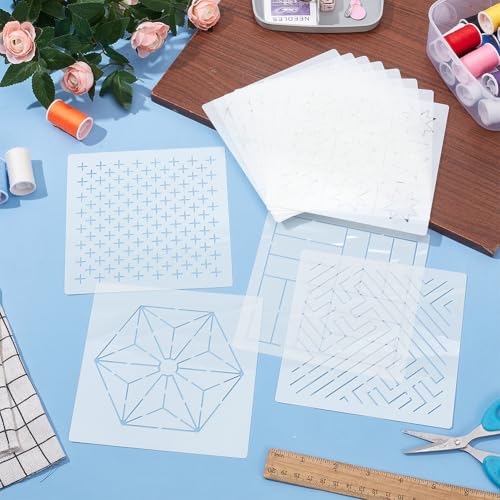 FREEBLOSS 12Pcs 5.5 * 5.5inch Plastic Sashiko Stencils Drawing Stencils Embroidery Patterns 12 Different Geometric Stencils for Embroidery Sashiko Templates for Hand Quilting - style: Geometric Lines