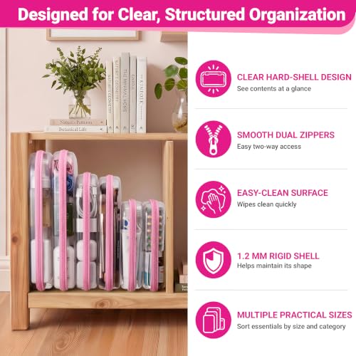 YQBRAO Clear Hard Shell Zipper Cases, 6 Multi-Size Organizers, Pink - color: Pink, size: 6 Pack (2L+2M+2S)